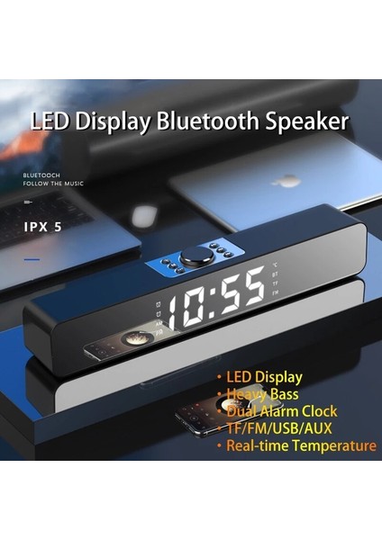 Çok Işlevli LED Tv Ses Bar Çalar Saat Kablolu ve  Radyo LED Ayna ile Kablosuz Bluetooth Hoparlör Subwoofer Aux USB Müzik Çalar | Kombinasyon Hoparlörler (Siyah)