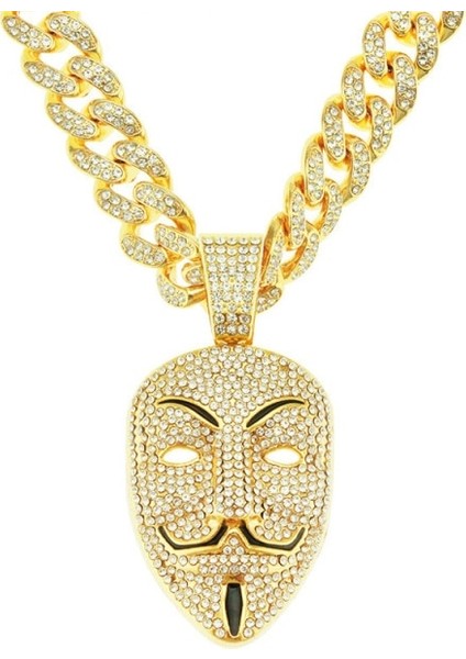 Erkekler Için Kolye Kolye Bling Rhinestone Küba Zinciri Anonim Hacker Maskesi Charm Gerdanlık Rapçi Takı | Kolye Kolyeler