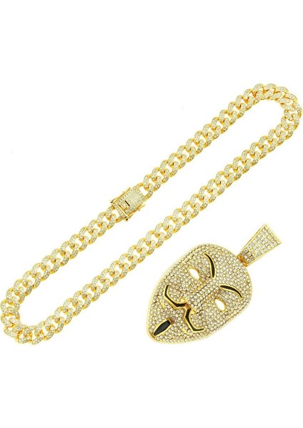 Erkekler Için Kolye Kolye Bling Rhinestone Küba Zinciri Anonim Hacker Maskesi Charm Gerdanlık Rapçi Takı | Kolye Kolyeler