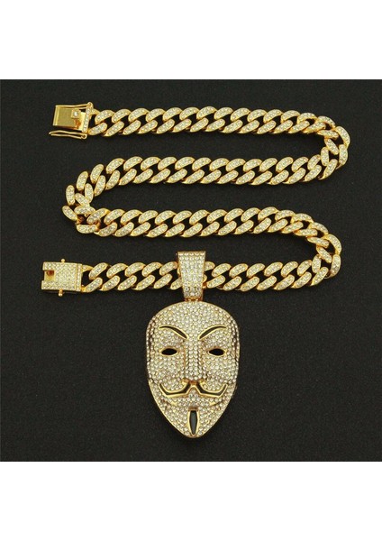 Erkekler Için Kolye Kolye Bling Rhinestone Küba Zinciri Anonim Hacker Maskesi Charm Gerdanlık Rapçi Takı | Kolye Kolyeler