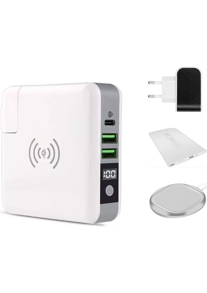 Qi Kablosuz Şarj Güç Bankası, 3-In-1 Kablosuz Şarj / Uluslararası Duvar Şarj Güç Bankası ile LED Ekran ile iPhone 11 Pro Max Xs Max Xr Galaxy Note 10 Artı S10 S9 Plus, (Beyaz)