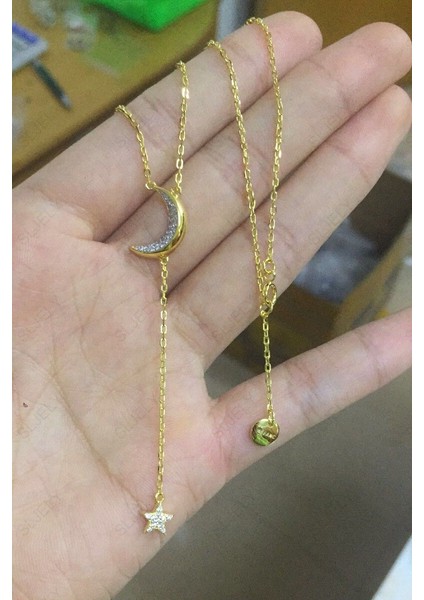 Tasarımcı 925 Ayar Gümüş Sarı Altın Renk Ay ve Yıldız Kolye Mikro 5A Kübik Zirkonya Kadın Moda Takı | Zincir Kolyeler (Yurt Dışından)
