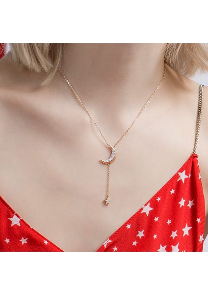 Tasarımcı 925 Ayar Gümüş Sarı Altın Renk Ay ve Yıldız Kolye Mikro 5A Kübik Zirkonya Kadın Moda Takı | Zincir Kolyeler (Yurt Dışından)