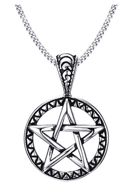 Erkek Bayan Paslanmaz Çelik Yuvarlak Pentagram Kolye Kolye Gümüş Siyah