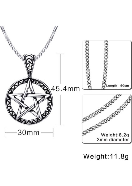 Erkek Bayan Paslanmaz Çelik Yuvarlak Pentagram Kolye Kolye Gümüş Siyah