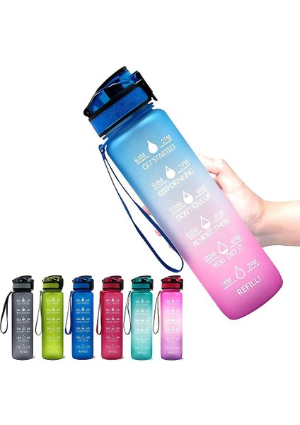 Zaman Işaretleyici Bpa Ücretsiz ve ile 1l Spor Su Şişesikaçak Geçirmez Taşınabilir Yeniden Kullanılabilir Içme Su Isıtıcısı Fitness Spor Su Kabı (Mor Pembe)