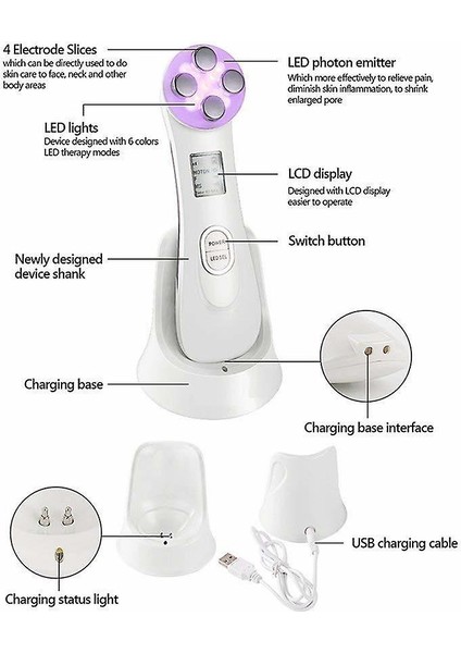 Ultrasonik Güzellik Cihazı, 5in1 Çok Fonksiyonlu Yüz Güzellik Cihazı, 6 Modu LED Güzellik Makinesi Mezoterapi Masajı