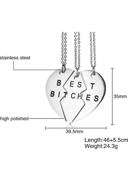 (Gümüş) Paslanmaz Çelik Bölünmüş Kalp 3 Parça Bff Kadınlar Için En Iyi Bitk Kolye 46 + 5.5 cm Zincir (Yurt Dışından)