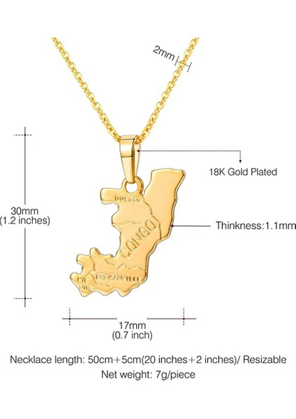 (Kongo Cumhuriyeti) Ulus Haritası Kolye Yurtseverlik Takı 18 K Altın Kaplama Kolye (Yurt Dışından)