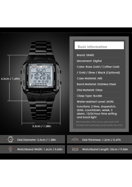 1381MEN Analog Dijital Izle Spor Saati 2fashion Casual Zaman 5 Alarm 3ATM Su Geçirmez Paslanmaz Çelik Kayış Backlight | Dijital Saatler (Siyah)