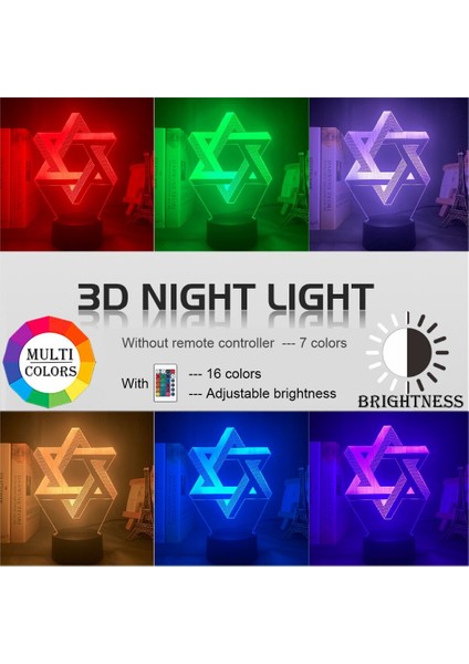 3D Optik Akrilik Gece Işık Lambası Mogen David Ev Dekorasyon İçin Renk Değişen Nightlight Hediye Kalkanı David Masa Lambası | Masa Lambaları (Yurt Dışından)