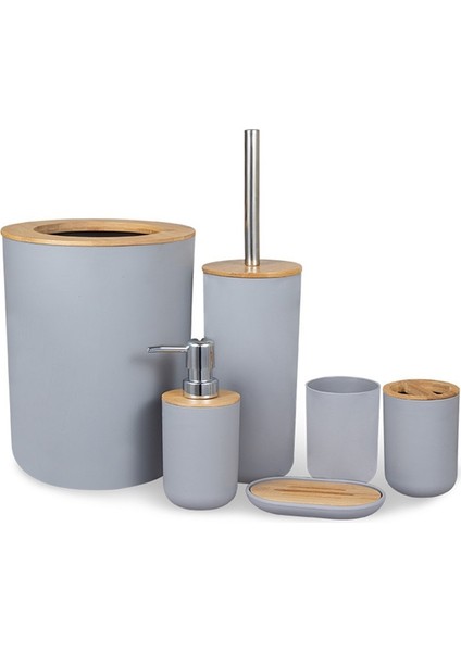 Banyo Aksesuarları Set 6 Parça Bambu Oda Seti Diş Fırçası Tutucu Sabun Dağıtıcı Tuvalet Fırçası Çöp Kutusu Banyo Temel Seti | Banyo Donanım Setleri (Gri) (Yurt Dışından)