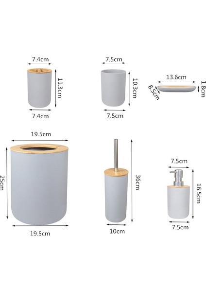 Banyo Aksesuarları Set 6 Parça Bambu Oda Seti Diş Fırçası Tutucu Sabun Dağıtıcı Tuvalet Fırçası Çöp Kutusu Banyo Temel Seti | Banyo Donanım Setleri (Gri) (Yurt Dışından)
