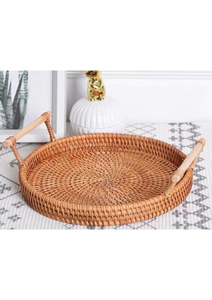 Yuvarlak Meyve Depolama Tepsi Rattan Dokuma Depolama Sepeti Ekmekler Için Snack Servis Tepsi Gıda Tabağı Masaüstü Sundries Organizatör | Depolama Tepsileri (M) (Yurt Dışından)