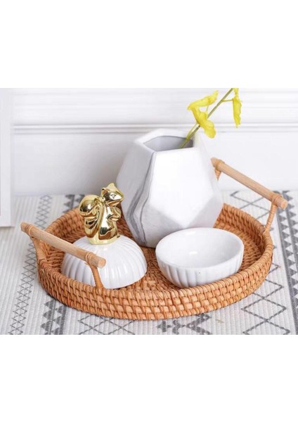 Yuvarlak Meyve Depolama Tepsi Rattan Dokuma Depolama Sepeti Ekmekler Için Snack Servis Tepsi Gıda Tabağı Masaüstü Sundries Organizatör | Depolama Tepsileri (M) (Yurt Dışından)