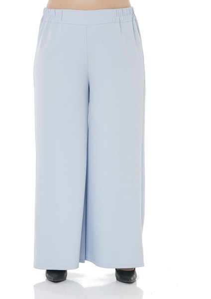 Büyük Beden Beli Yanlardan ve Arkadan Lastikli Bol Paça Double Bebe Mavi Pantolon