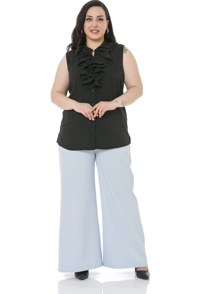 Büyük Beden Beli Yanlardan ve Arkadan Lastikli Bol Paça Double Bebe Mavi Pantolon fiyatları