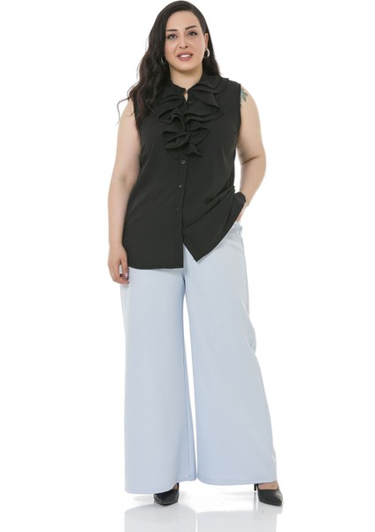 Büyük Beden Beli Yanlardan ve Arkadan Lastikli Bol Paça Double Bebe Mavi Pantolon indirimleri