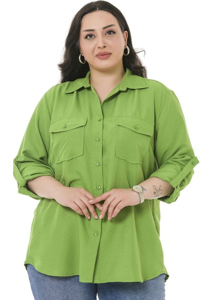 Büyük Beden Gömlek Yaka Göğüsten Çift Cepli Fıstık Yeşili Gömlek fiyatları