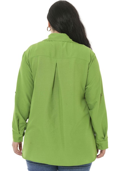 Büyük Beden Gömlek Yaka Göğüsten Çift Cepli Fıstık Yeşili Gömlek modelleri