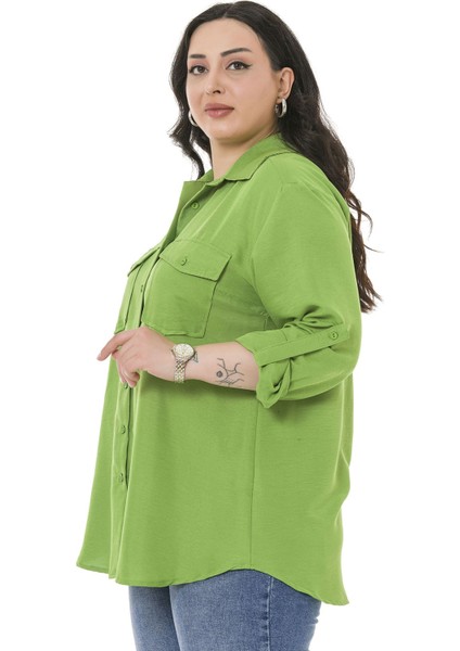 Büyük Beden Gömlek Yaka Göğüsten Çift Cepli Fıstık Yeşili Gömlek fırsatları