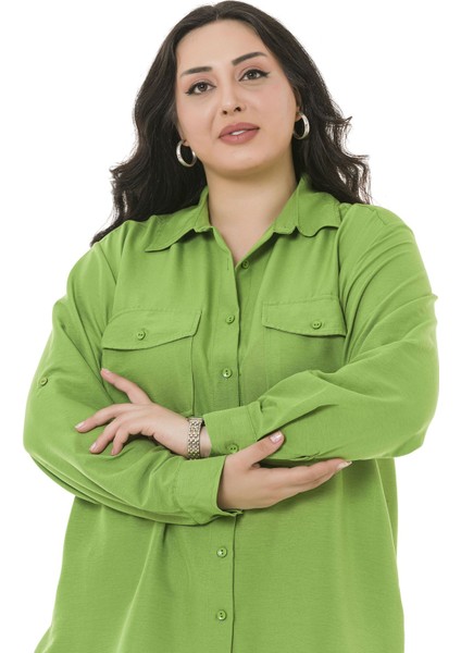 Büyük Beden Gömlek Yaka Göğüsten Çift Cepli Fıstık Yeşili Gömlek indirimleri