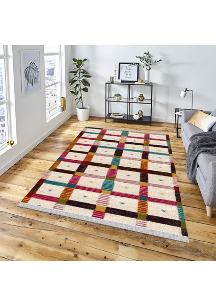 Decoser Halı Dekoratif Kilim Makinada Yıkanabilir Dijital Baskılı Renkli Etnik Desenli Kaymaz Tabanlı Salon Koridor Mutfak Halısı NOVA-4003