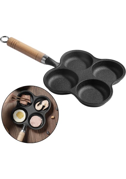 4 Delik Omlet Pan Burger Yumurta Jambon Gözleme Makinesi Ahşap Kolu Kızartma Pot Pan (Yurt Dışından)