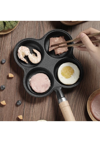 4 Delik Omlet Pan Burger Yumurta Jambon Gözleme Makinesi Ahşap Kolu Kızartma Pot Pan (Yurt Dışından)
