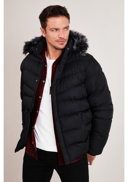 Slim Fit Suni Kürklü Peluş Astarlı Çıkarılabilir Kapüşonlu Şişme Mont Erkek Mont 5761080 B