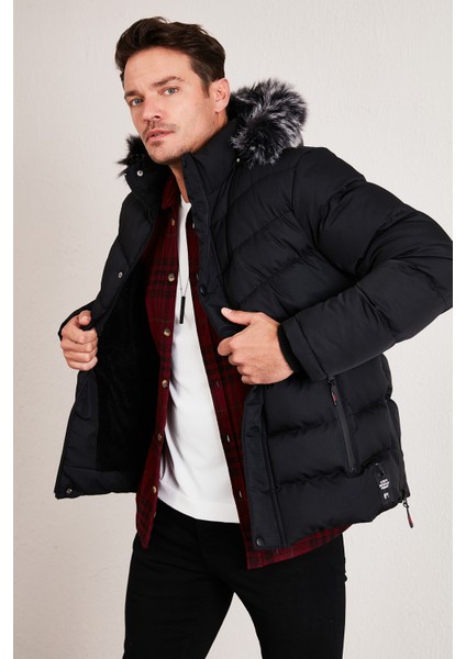 Slim Fit Suni Kürklü Peluş Astarlı Çıkarılabilir Kapüşonlu Şişme Mont Erkek Mont 5761080 B fiyatları