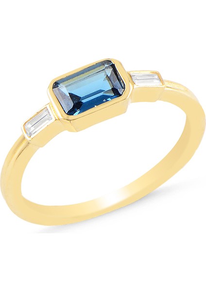 Bagetli Mavi Zümrüt Kesim Taşlı Altın Yüzük