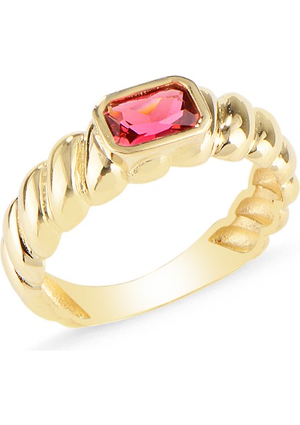 Zümrüt Kesim Kırmızı Taşlı Altın Yüzük