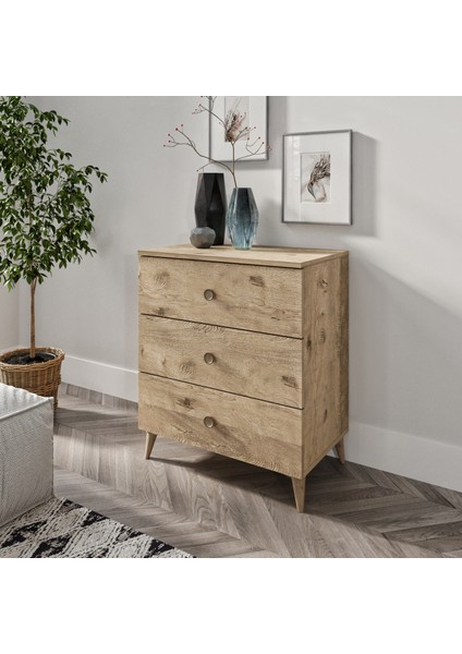 Gardenya 3 Çekmeceli Meşe Şifonyer - Tamamı 1. Kalite Mdf