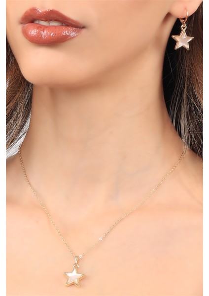 Kadın Altın Renk Kaplama Beyaz Renk Yıldız Model Ince Zincir Kolye & Küpe Set