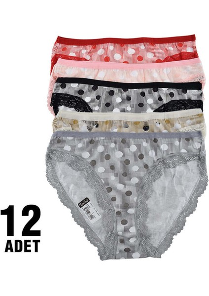 12'li Paket Tutku Çakıl 0530 Dantelli Puantiyeli Elastan Bayan Bikini Külot