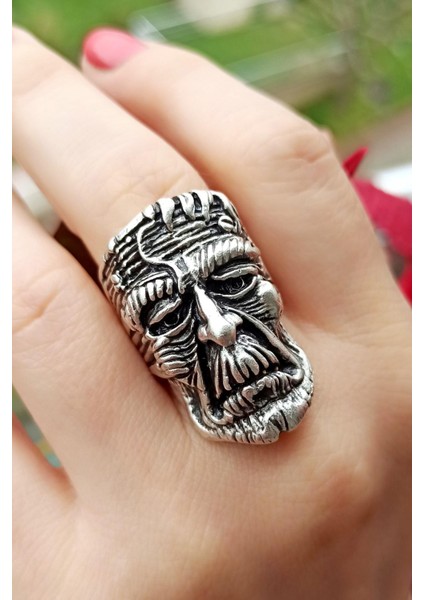 Antik Gümüş Kaplama Yaşlı Adam Şekilli El Yapımı Ayarlanabilir Unisex Yüzük