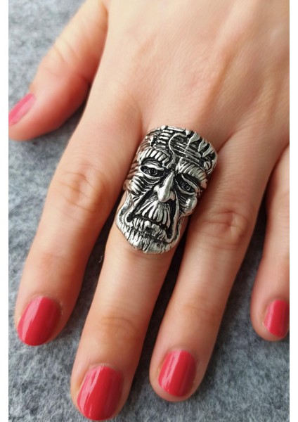 Antik Gümüş Kaplama Yaşlı Adam Şekilli El Yapımı Ayarlanabilir Unisex Yüzük fiyatları