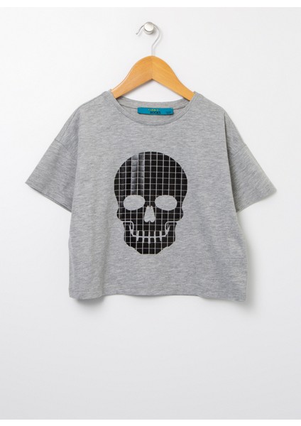 DRG-32 Bisiklet Yaka Standart Kalıp Baskılı Gri Melanj Kız Çocuk T-Shirt fiyatları