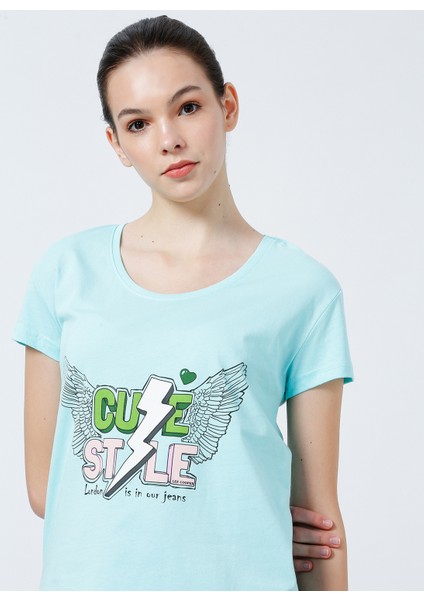 222 LCF 242012 Geniş Yaka Normal Kalıp Baskılı Mint Kadın T-Shirt