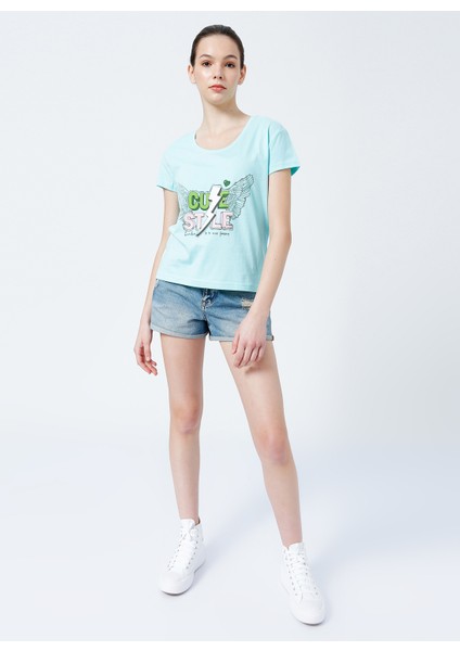 222 LCF 242012 Geniş Yaka Normal Kalıp Baskılı Mint Kadın T-Shirt fiyatları