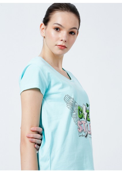 222 LCF 242012 Geniş Yaka Normal Kalıp Baskılı Mint Kadın T-Shirt modelleri