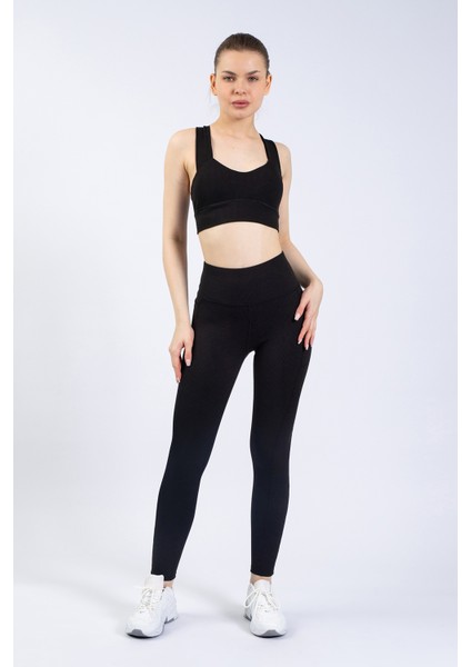 Kadın Siyah Cepli Fitilli Yüksek Bel Spor Tayt 25" fiyatları