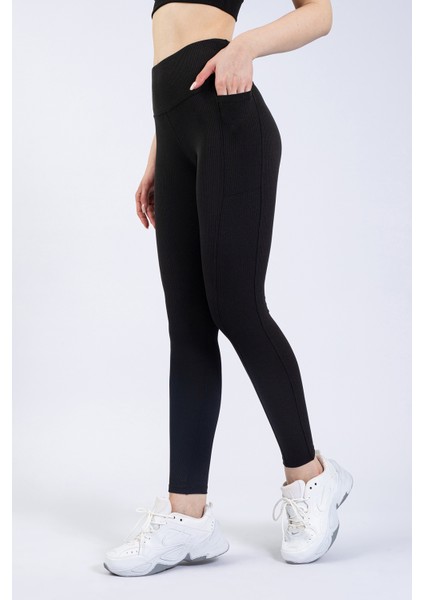 Kadın Siyah Cepli Fitilli Yüksek Bel Spor Tayt 25" modelleri