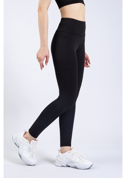 Kadın Siyah Cepli Fitilli Yüksek Bel Spor Tayt 25"