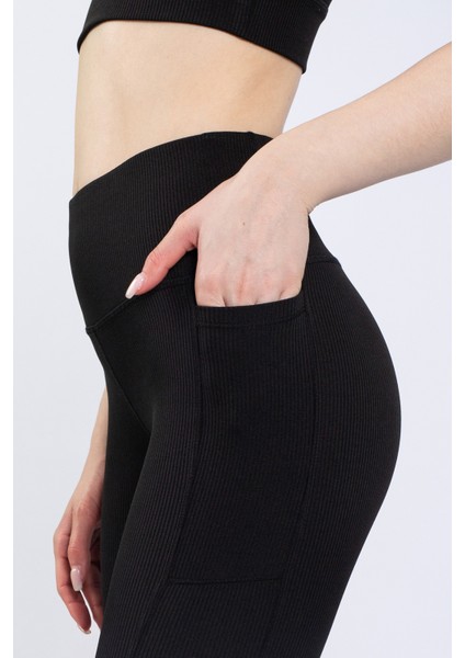 Kadın Siyah Cepli Fitilli Yüksek Bel Spor Tayt 25" fırsatları
