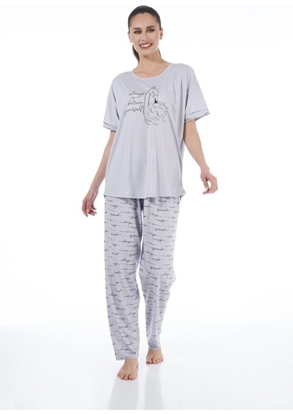 22151 Kadın Kuğulu Viskon Kısa Kollu Büyük Beden Pijama Takımı