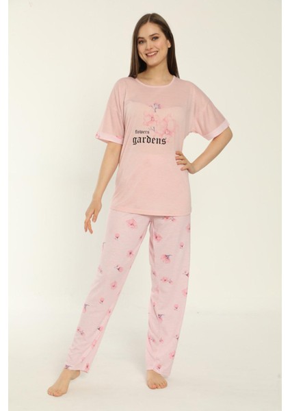 22153 Kadın Çiçek Desenli Viskon Kısa Kollu Büyük Beden Pijama Takımı