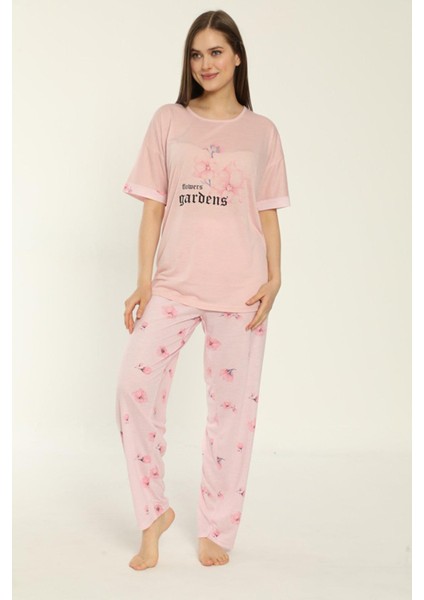 22153 Kadın Çiçek Desenli Viskon Kısa Kollu Büyük Beden Pijama Takımı modelleri