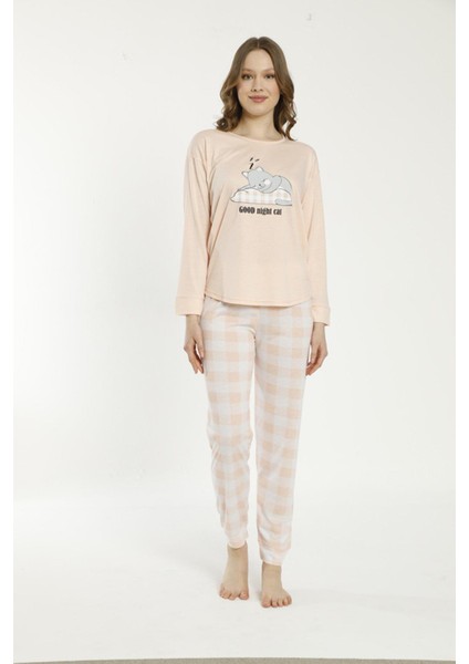 22137 Kadın Kare Desenli Uzun Kollu Viskon Pijama Takımı